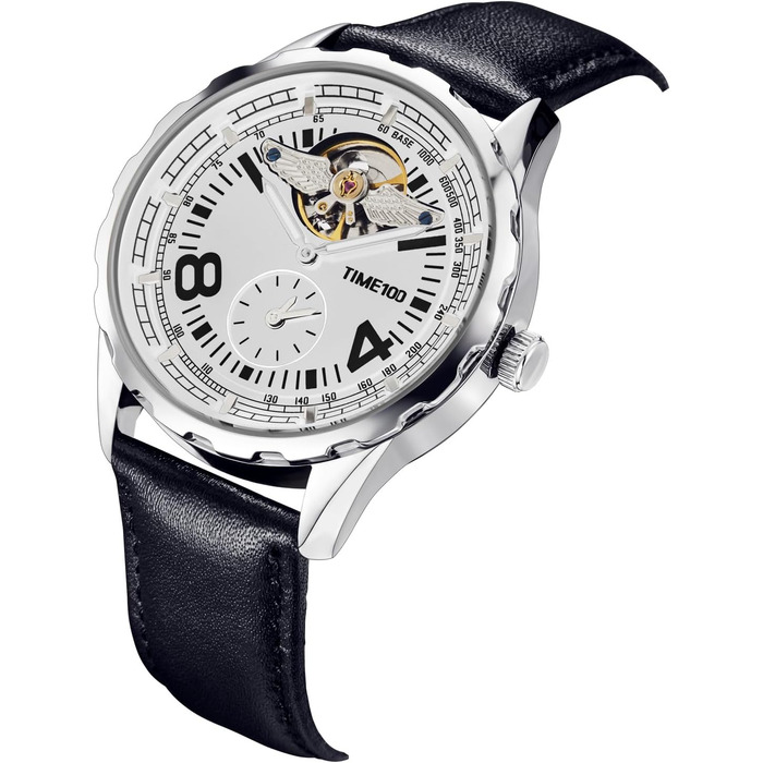TIME100 Автоматичний годинник для чоловіків: водонепроникний, з підсвічуванням, серія Pilot Angel Wing, бізнес-стиль, скелетний дизайн, шкіряний/силіконовий ремінець, сріблястий колір