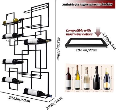 Підвісна полиця для вина на 10 пляшок, металева, чорна, 110x60x10 см (2 шт.)