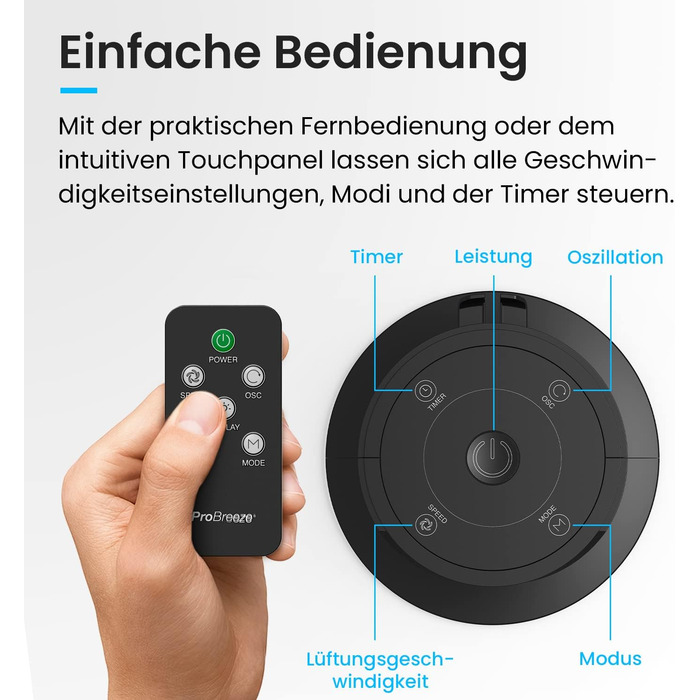 Турбовентилятор Pro Breeze з пультом керування, 70° осциляція, 3 режими, таймер 14 годин, 45W, 117см, 4 режими, режим сну - чорний