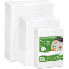 Omtofo 170-Piece Vacuum Bags 15x25cm + 20x30cm + 28x40cm Embossed, BPA-Free, Tear-Resistant, Vacuum Sealer Bags for All Home Vacuum Sealers, Professional Vacuum Bags Food Sous Vide Freezer Bags