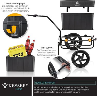 Причіп для велосипеда KESSER®: вантажний, ручний, з кутом нахилу, об'ємом 70 літрів (2 ящики для пива) + аксесуари, чорний