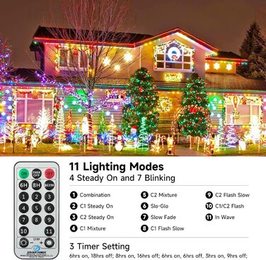 WOWDSGN Льохотна гірлянда для зовнішнього використання 20м, 2-в-1 LED гірлянда (Тепле біле & Класичне кольорове), сертифікований штекер GS, 11 режимів, пульт дистанційного керування та таймер, IP44 вологостійка різдвяна прикраса для саду, балкону, тепле б