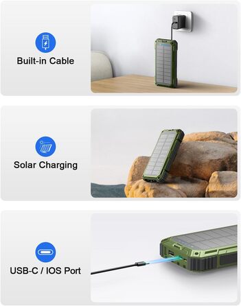 Сонячний повербанк 26800 mAh з 4 кабелями, швидка зарядка USB-C, Qi бездротова зарядка, LED ліхтарик - для телефонів, планшетів, кемпінгу (Зелений)