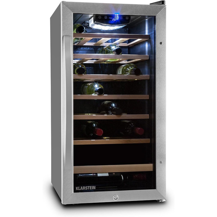 Витримання вина Klarstein Vivo Wine 26 - винний льох на 26 пляшок, 88 л, LED, регулювання температури, мінливий петельний механізм, двері з обох сторін, нержавіюча сталь, сріблястий колір