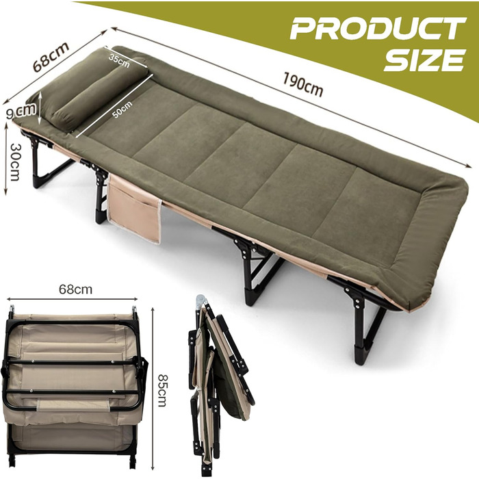 Розкладне ліжко для кемпінгу XXL - широке кемпінгове ліжко, розкладне ліжко, карпове ліжко з регульованою спинкою, ліжко для саду та відпочинку на відкритому повітрі (зелене)