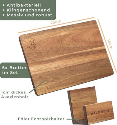 WALDWERK Breakfast Boards Set of 5 (23 x 16 x 1 cm) made of solid acacia wood - Wooden breakfast boards with stand - 5 wooden cutting boards - Boards perfect for breakfast