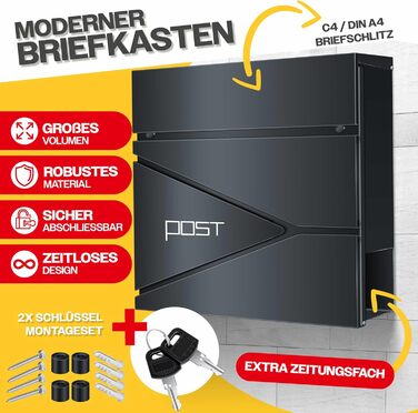Поштовий ящик KESSER з газетницею, нержавіюча сталь, сріблясто-антрацитовий, 2 ключі, настінний монтаж, з м'яким закриттям кришки, комплект для кріплення