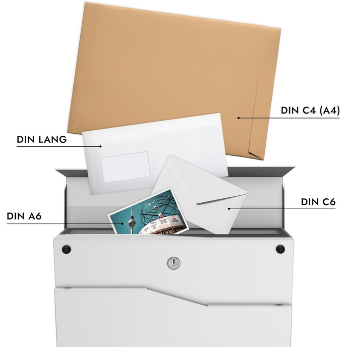 Поштова скринька біла з газетницею TRELLEBORG (RAL 9016), персоналізована, з цинкової сталі з іменем сім'ї, вулицею та номером будинку + комплект для монтажу (2 прізвища + вулиця + номер)