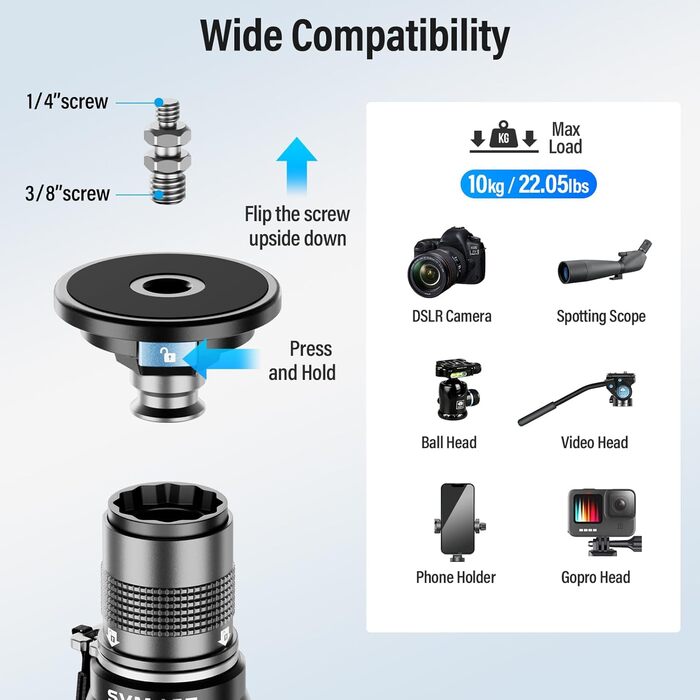 Штатив-монопод SIRUI SVM-165 з вуглецевого волокна | 165 см, професійний, 3-в-1, вантажопідйомність 10 кг, швидка заміна, для DSLR та відео