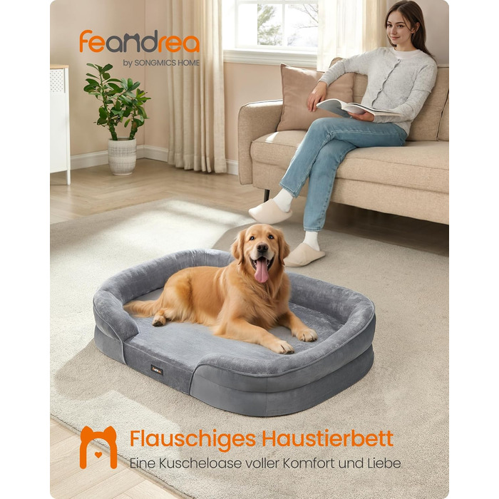 Ліжко для собак Feandrea, ортопедичне, велике, 106x76x18 см, водонепроникне, знімний чохол, сіре