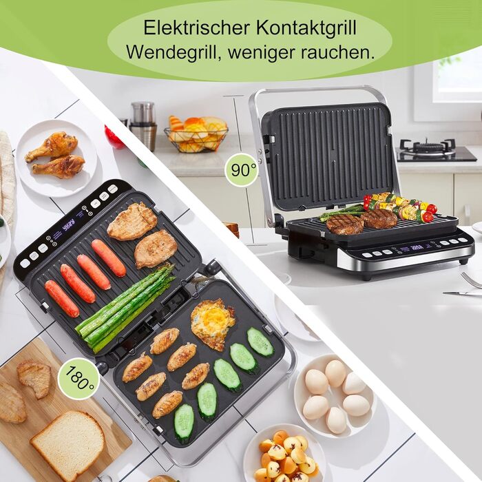 Contact Grill, Sandwich Maker, Waffle Iron 180° Double-Sided Optigrill Indoor Electric Grill | 6 automatic programs | Intuitive sensor | Touch display, 2000 W, Grill with 4 removable plates (BCG02D)
