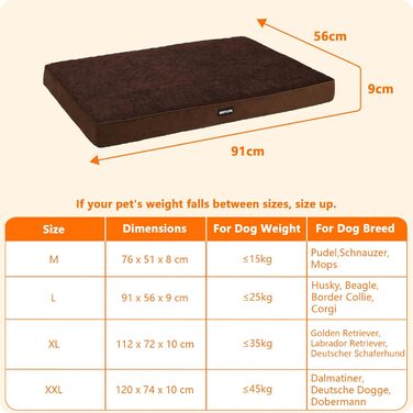 HMTOPE Orthopedic Dog Bed, 10cm Thick Dog Cushion for Medium and Large Dogs, Removable and Washable Dog Mat, Non-Slip Bottom, Waterproof Inner Lining, 112 cm, (L 91 x W 56 x H 9 cm, Brown)