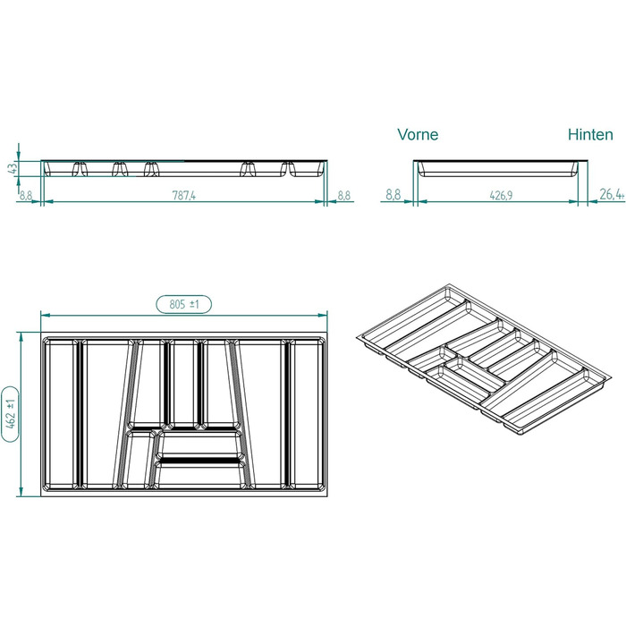 Органайзер для столових приборів ORGA-BOX II для шухляд Nobilia 45 см (до 07/2012) сірий, ширина 805 мм (для корпусу 90 см)