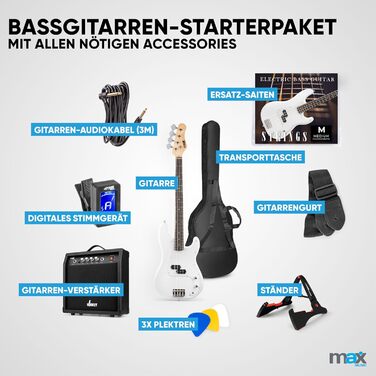 MAX GigKit Бас-гітара: повний комплект для гри, 21 лад, білий