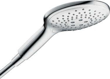 Hansgrohe Raindance Select S - Showerhead, Hand Shower with 3 Spray Patterns, Shower Head, Showerhead with Anti-Limescale Function, White/Chrome, 26530400 (Chrome, 3 Spray Patterns with Water-Saving Function, Bundle with Shower Hose)