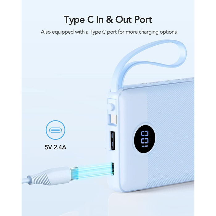 Power Bank VRURC 10000mAh з 4 кабелями: портативний акумулятор USB-C для iPhone, Huawei, Samsung та Android (синій)