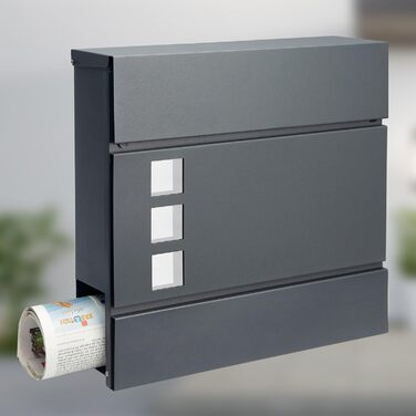 Поштовий ящик Monzana XXL з газетницею та оглядовим вікном, сталевий, антрацит, з ключем (2 ключі), для настінного монтажу