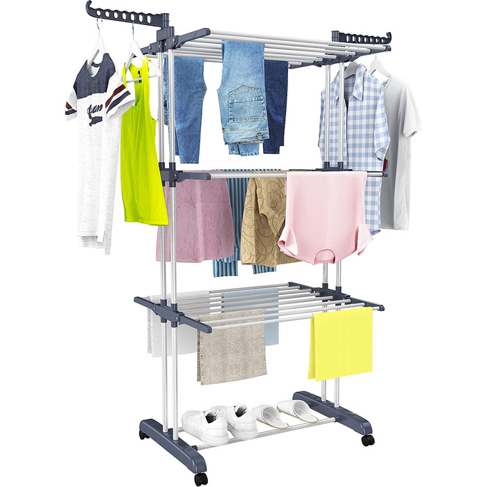 HOMIDEC Clothes Drying Rack Clothes Dryer Tower with Wheels, Space-Saving - with 6 Folding Wings and 2 Swivel Side Wings, Stainless Steel Standing Dryer Clothes Tower for Indoor and Outdoor Use, Grey Grey XL