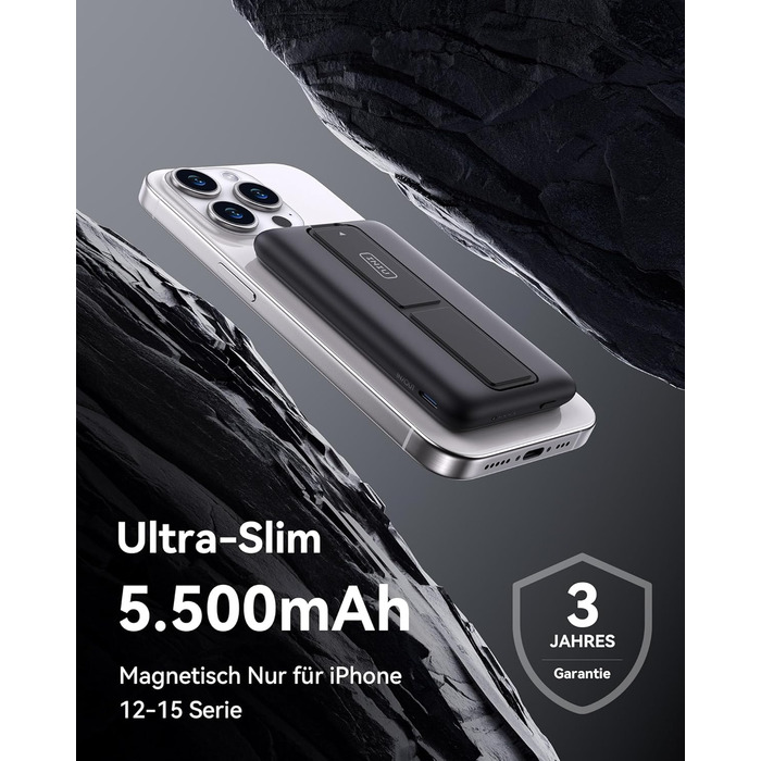 Power Bank INIU 5500mAh 20W з USB-C (вхід/вихід), магнітний акумулятор з підставкою для iPhone 16/15/14/13/12 Pro Max Mini, чорний