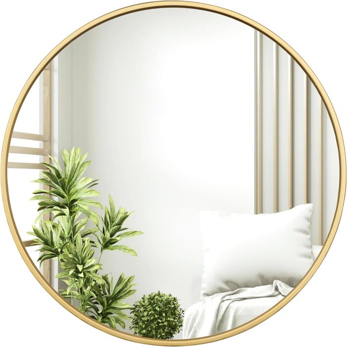 Круглий настінний дзеркало WOLTU 40 см з рамою, для ванної, спальні, вітальні, коридору, декоративний, з металу, скла, MDF, з гачком, 81x81 см, золотий