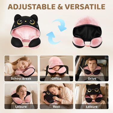 Подушка для шиї Mewaii з капюшоном, двостороння, для дітей та дорослих, милий дизайн котика, захист приватності, м'яка піна Memory Foam, подушка для подорожей на літаку та в авто (Рожева)