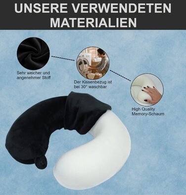 Подушка для шиї Essentials з піною з пам'яті (100%) - U-подібна, з м'яким велюровим чохлом - для подорожей, авто, літака, офісу та дому (Чорна)