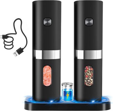 Salt and Pepper Shakers Electric 2-Piece Set, Automatic Pepper Grinder with Charging Station, USB Rechargeable Spice Grinder Electric, Adjustable Coarseness, One-Hand Operation, Ceramic Grinder, LED Light
