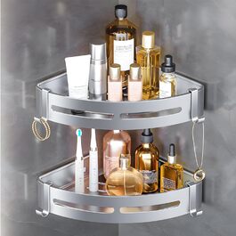 Поличка для душу без свердління, кутова, 2 шт., срібна, алюміній. Органайзер для ванної кімнати з 4 гачками. Підходить для ванної та кухні