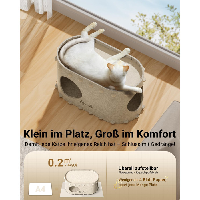 Будиночок для котів з фетру, лежанка для котів, затишна кімната для котів, 58 x 33 x 30 см, ігровий Peek-a-Boo, зимовий, захист кігтів, бежевий, 1 шт.