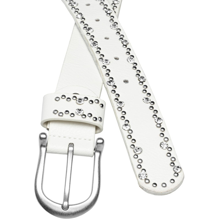Жіночий ремінь Caspar GU292 з декоративними стразами та заклепками, білий (105 см, обхват талії 107-111 см)