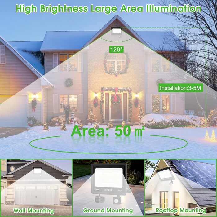LED прожектор з датчиком руху для вулиці, 50Вт, 5000Лм, IP67, 7000K холодне біле світло, надяскравий, для саду, гаража, подвір'я (2 шт)