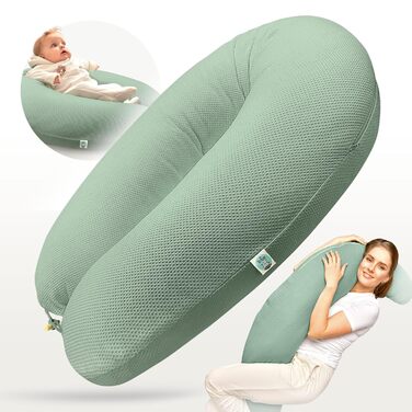 Ортопедична подушка для вагітних та годуючих Sei Design XXL з муслінової обтяжки, ергономічна, для сну на боці, комфортна для дорослих, 100% органічна бавовна (вафельна тканина м'ятного кольору, наволочка 190x30)