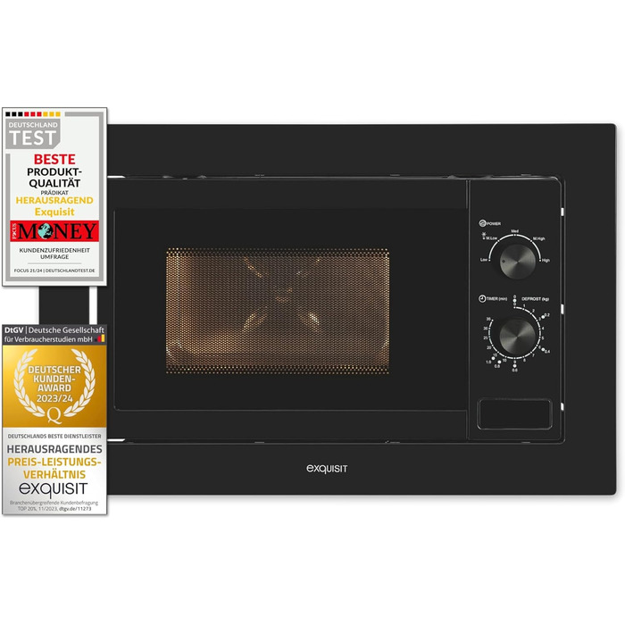 Вбудована мікрохвильова піч Exquisit EMW20-DG-020 | 800 Вт, 1000 Вт гриль, 8 автопрограм, діаметр обертового столу 27 см, нержавіюча сталь, чорний колір, ручне керування