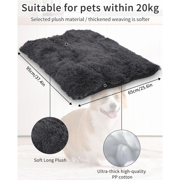 М'яке собаче ліжко для середніх собак, 95 x 65 см, з довгим пухнастим покриттям, знімне, з антиковзною основою, ортопедична підстилка, темно-сірий колір