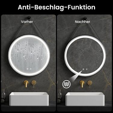 LED дзеркало для ванної кімнати з підсвічуванням, кругле, регульоване, 3 кольори світла (3500K-6500K), сенсорне керування, запобігає запотіванню - дзеркало для ванної кімнати з підсвічуванням для макіяжу та гоління (60 см, стильний дизайн)