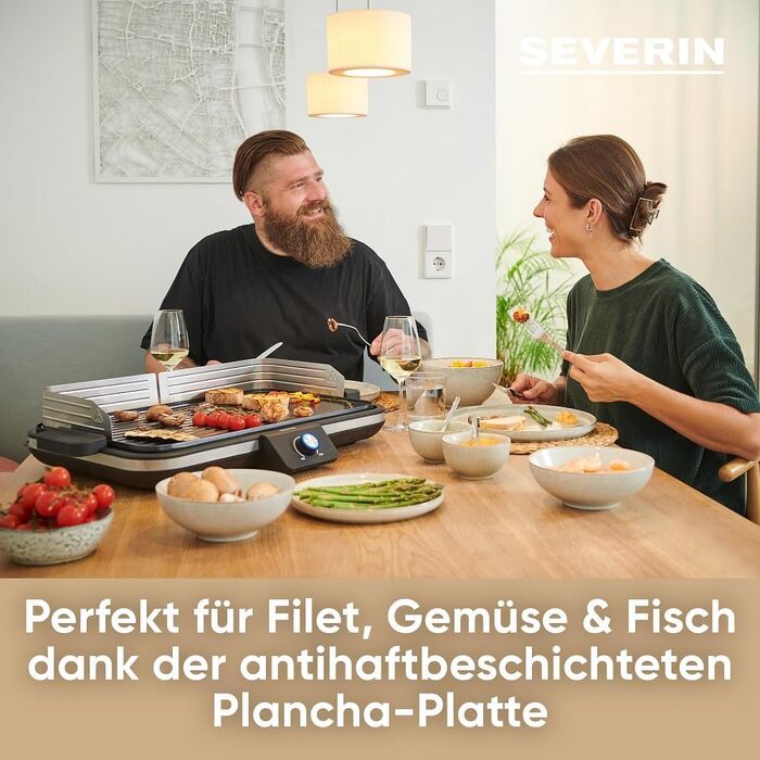 Настільний електрогриль SEVERIN Plancha 2300 Вт, антипригарна комбінована поверхня (гладка і рифлена), на 8 осіб, чорний RG 8564