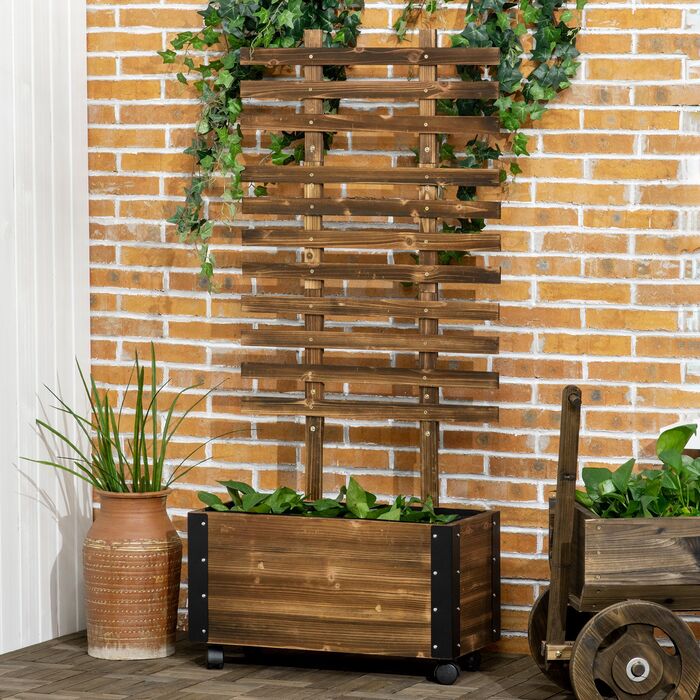 Outsunny Raised Garden Bed with Trellis and Wheels, Flower Box for Climbing Plants, Planter Box Made of Charcoal Wood, 65 x 31 x 147 cm