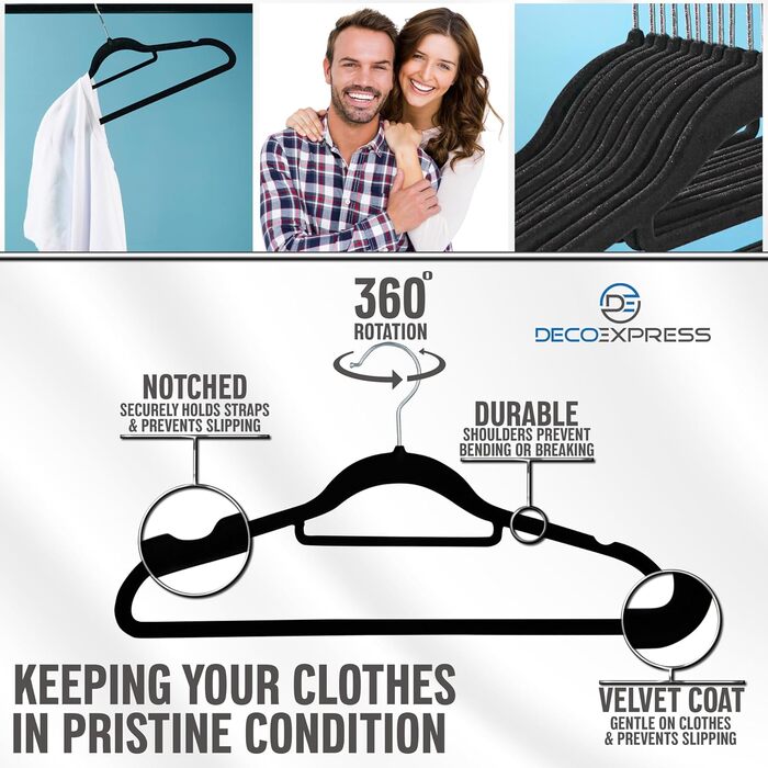 Плечики для одягу Deco Express Класичні, велюрові, антиковзаючі, економія місця, набір (20 шт., чорний)