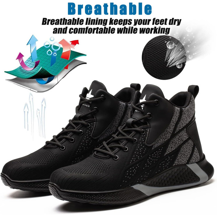 Легкі захисні черевики для чоловіків та жінок. Робочі черевики з металевим носком. Дихаючі, неслизькі, чорні. Розміри 35-48 EU.