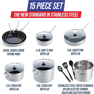 Набір посуду Blue Diamond Cookware 15 предметів: сковороди, каструлі з нержавіючої сталі з алмазним покриттям, антипригарні, індукційні, придатні для миття в посудомийній машині та духовці, без PFAS, багатошарові, срібні