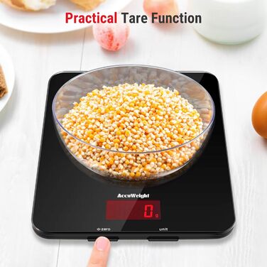 Кухонні ваги ACCUWEIGHT 5 кг з LCD-дисплеєм з міцного скла, функція тарування, ваги для листів, висока точність до 1 г, для випічки, приготування їжі, ювелірних виробів, батарейки в комплекті, автоматичне вимкнення, чорний