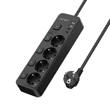 Мережевий адаптер JSVER на 5 розеток з індивідуальним вимикачем, 2 USB-A та 2 USB-C (17W), мережева стрічка з USB для столу з кабелем 2м для смартфонів, ноутбуків - білий (чорний 4-розеточний)