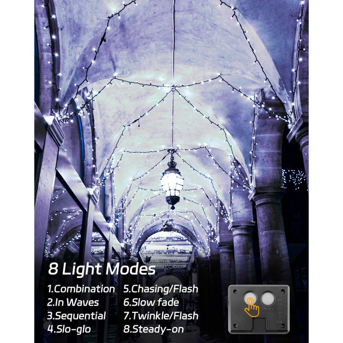 Сонячна гірлянда для зовнішнього використання, 12м, 120 LED, холодне біле світло, 8 режимів. Підходить для декору саду, двору, тераси, весіль. Вологостійка.