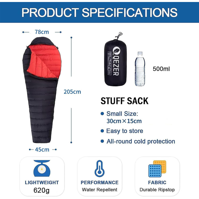 QEZER Summer Sleeping Bag, only 620g Ultralight Down Sleeping Bag, Small Pack Size for Kids, Boys and Girls, Adults, Camping, Trekking, Outdoor