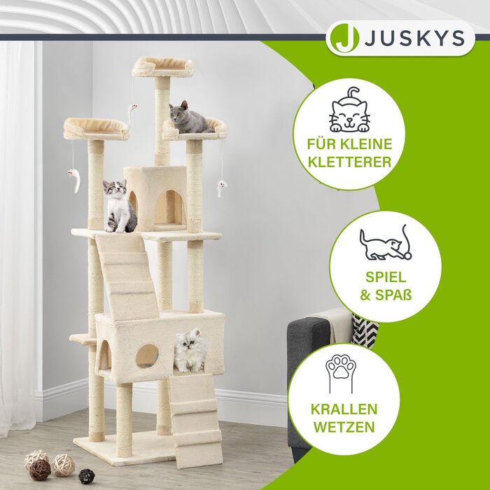Дерево для котів Juskys Amy XXL - з печерами, лежанками, сходами та сизалевими стовпчиками. Стабільний котячий комплекс 170 см, сірий (бежевий)