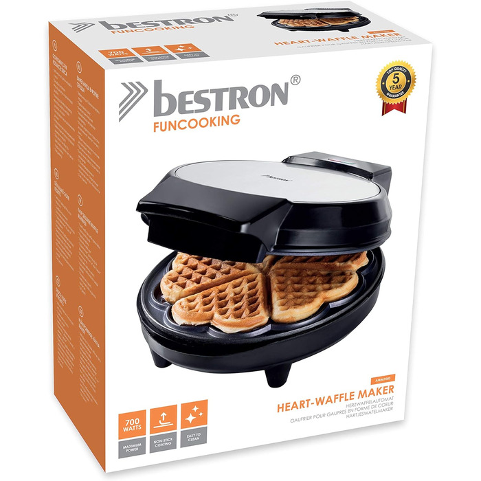 Bestron Heart-Shaped Waffle Maker - Non-Stick 700W Electric Waffle Iron - Single