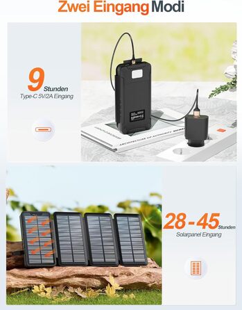 Сонячний павербанк 26800mAh elzle з 2 USB-A виходами та 1 USB-C входом, вологостійкий зовнішній акумулятор з 4 сонячними панелями та ліхтариком для смартфонів, планшетів, кемпінгу, чорний