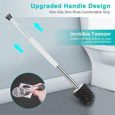 Набір для туалету: щітка з тримачем Silikon, довга ручка, швидке висихання, для ванної кімнати/гостьового WC, монтаж на стіну/стоячи (білий & чорний)