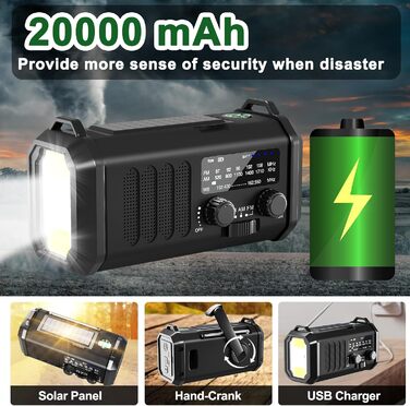 Радіостанція Leaton з ручним заводом, NOAA, AM/FM, 20000 mAh | Сонячна Power Bank, USB-C, ліхтарик, SOS-сигнал для кемпінгу та надзвичайних ситуацій (Чорний)