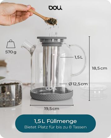 Скляний чайник Doli 1,5 л з сіткою з нержавіючої сталі, чорний — для гарячих та холодних напоїв, підходить для посудомийки, BPA-free